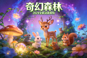 奇幻森林动画电影海报，可爱动物与魔法森林